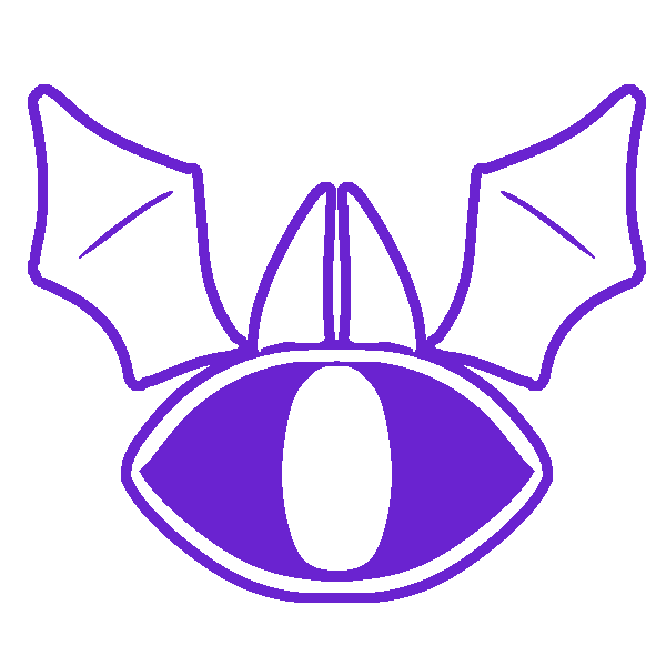 A purple eye with bat wings and horns above it, outlined in purple.